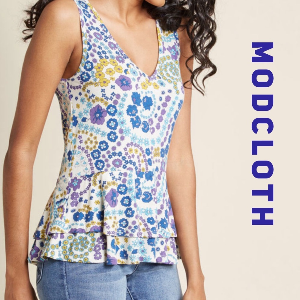 Modcloth womens small sleeveless floral peplum retro tank Top blue gold
